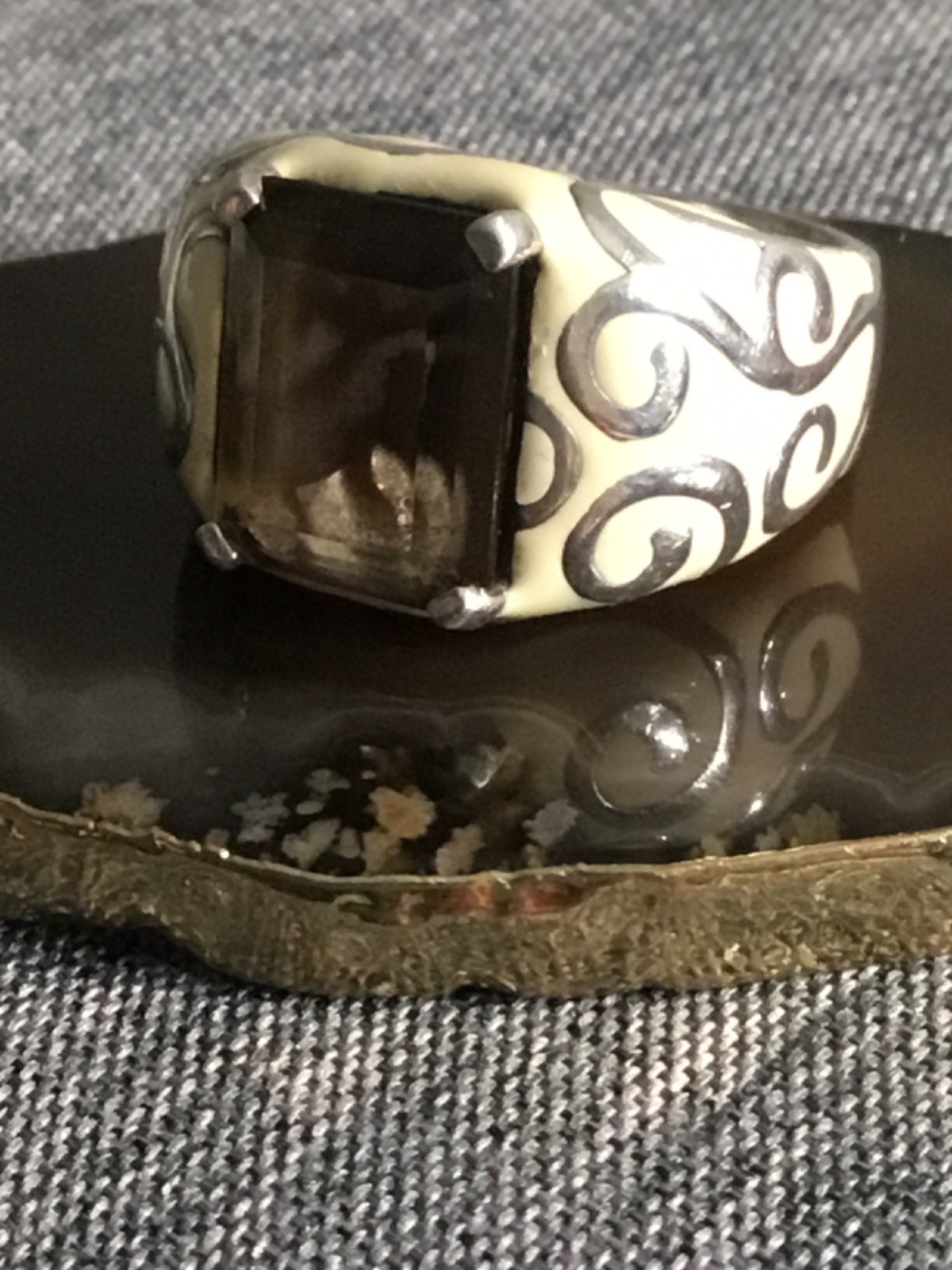 925 Vintage bSterling Silver Enamel Large Rectangle Smokey Quartz 12.0 grams