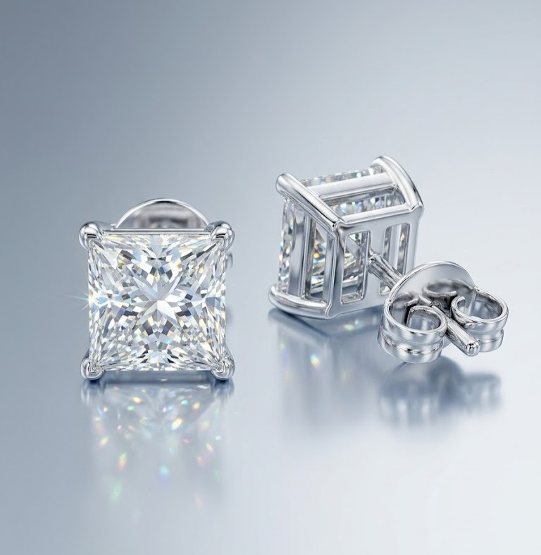 4Ct Princess Cut White Diamond Solitaire Studs-Great Shine! Ideal Gift