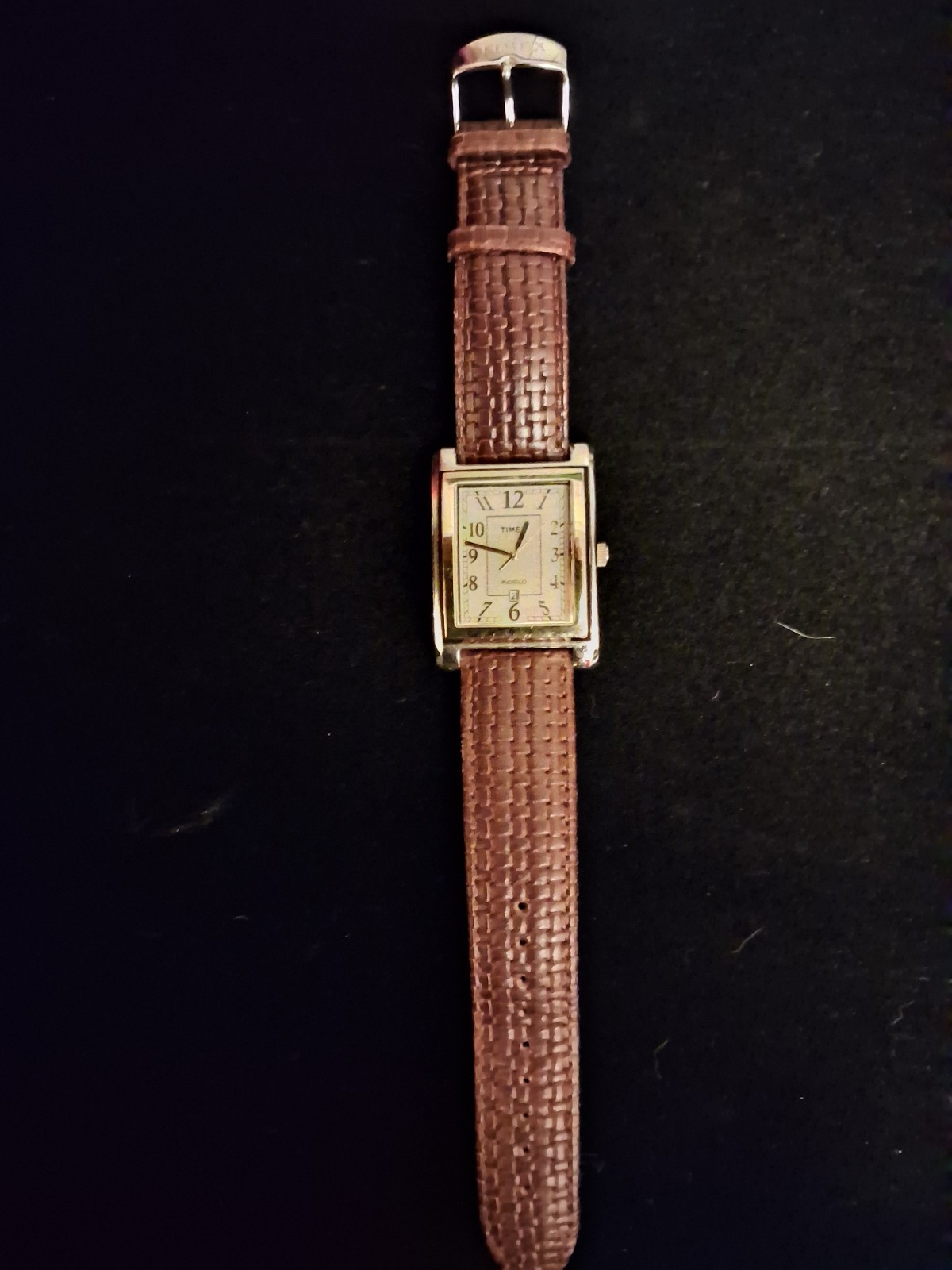Timex INDIGLO Date Quartz Rectangular Silver Dial Brown Leather Strap 30m