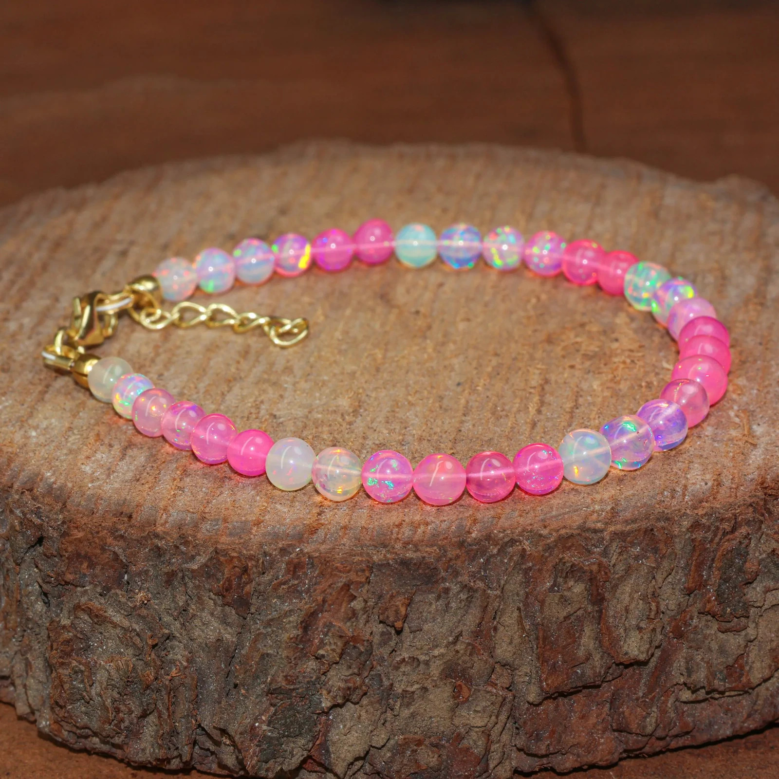 Genuine Pink Gemstone Round Beads Bracelet, Natural Fire Opal Beaded Bracelet