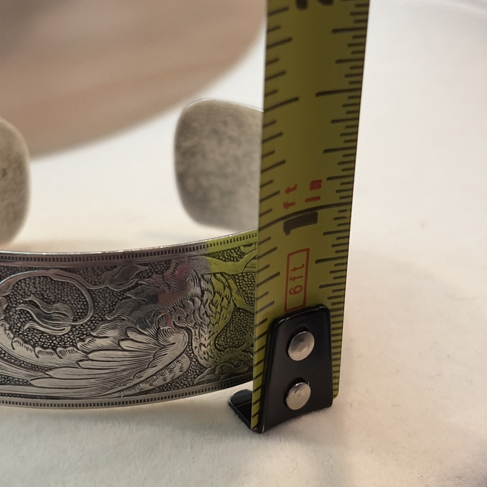 Dragon Etched Sterling Silver 1” Wide Cuff Bracelet Sz 5-1/2 -Engraved – 16g