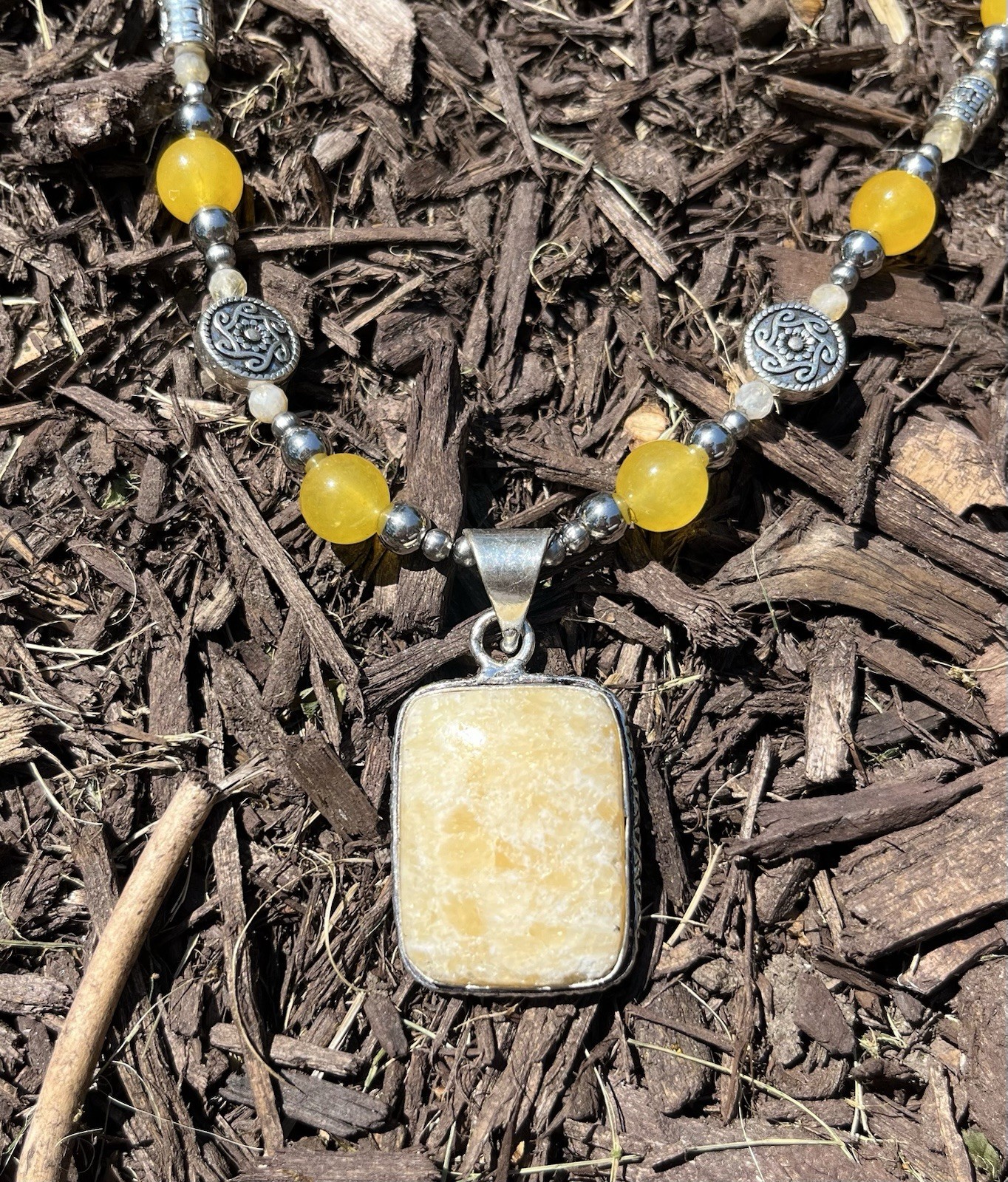 Yellow Calcite 925 Pendant Necklace ~ Lemon Jade & Citrine Accents /Silver Tones