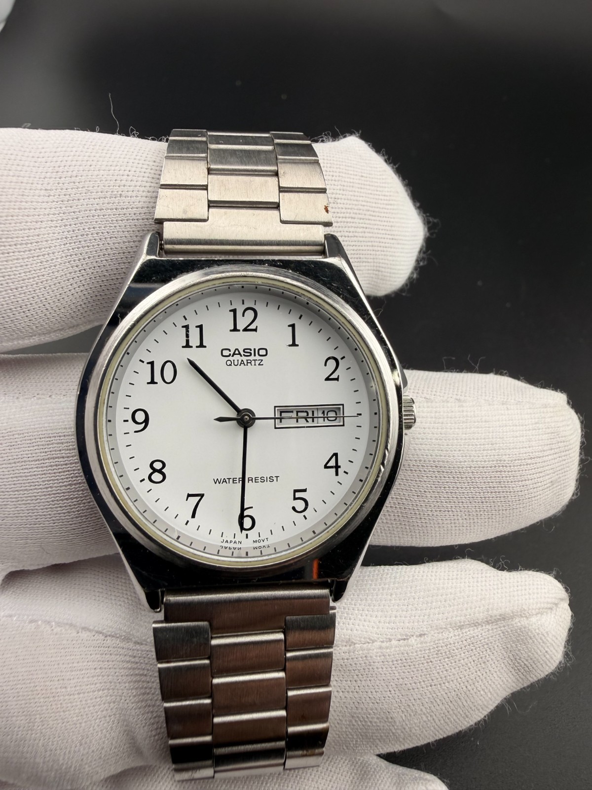 Casio Watch Men 35mm White Dial Silver Tone Daydate MTP-1240DJ New Battery