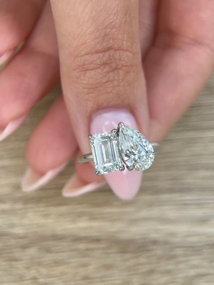Pear & Emerald Cut Diamond Ring 14k White Gold 4 Ct Lab Grown IGI VVS E F