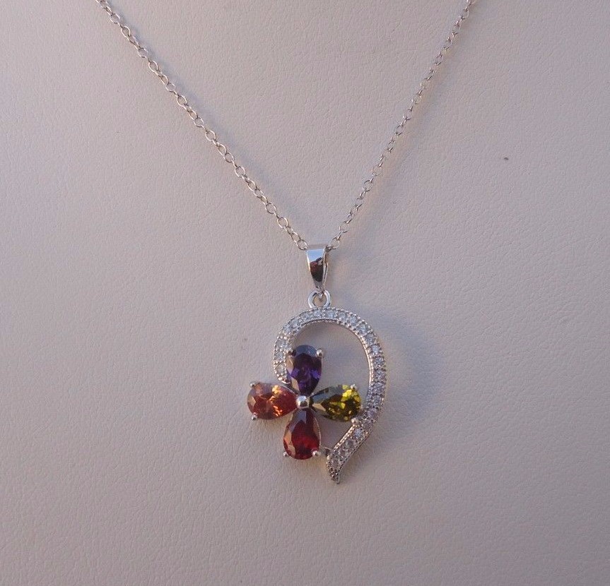 MULTI-COLOR NECKLACE PENDANT STERLING SILVER 2.75 CT SIMULATED DIAMOND/AMETHYST