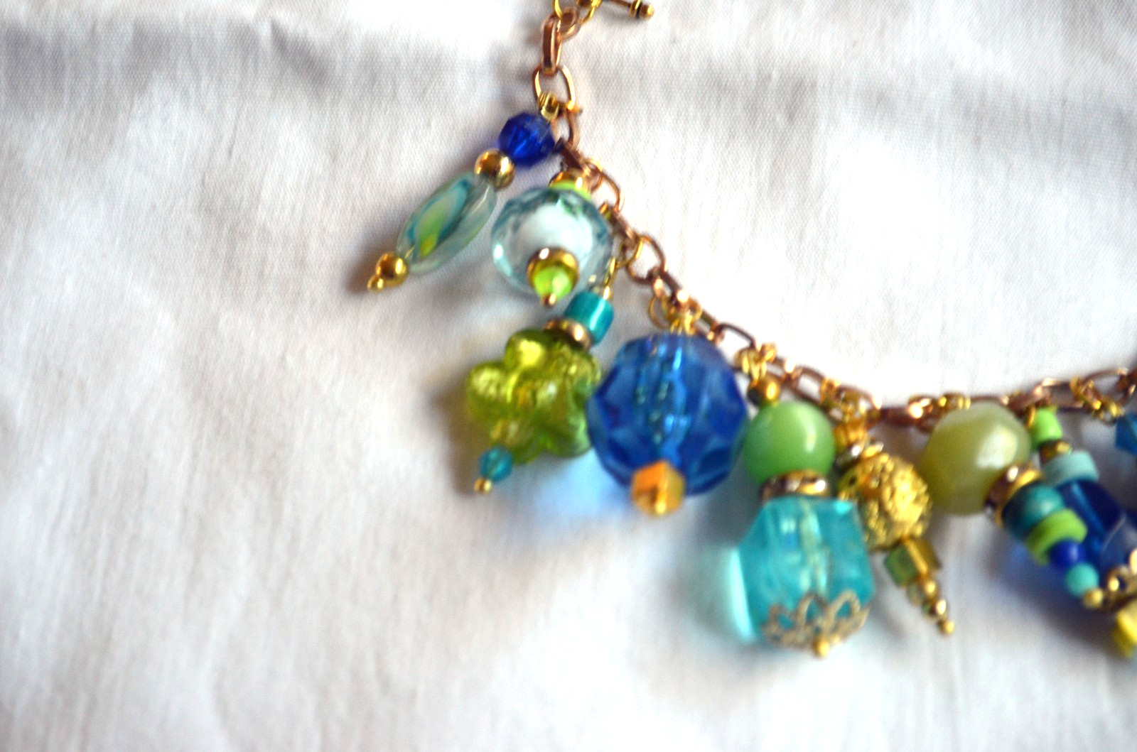 Blue Green Gold Beaded Charm Rhinestone Dangle Bracelet Handmade
