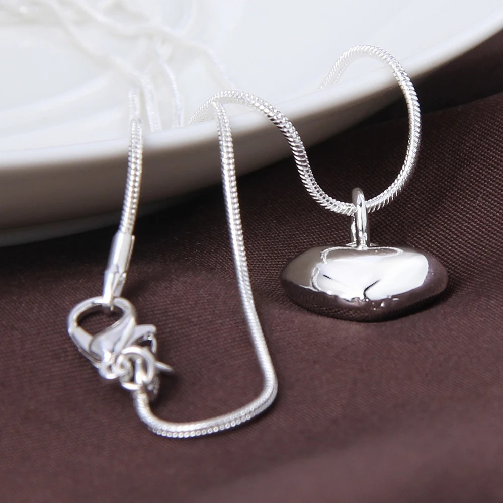 Fine 925 Sterling Silver Solid Heart Necklace Snake Chain For Women