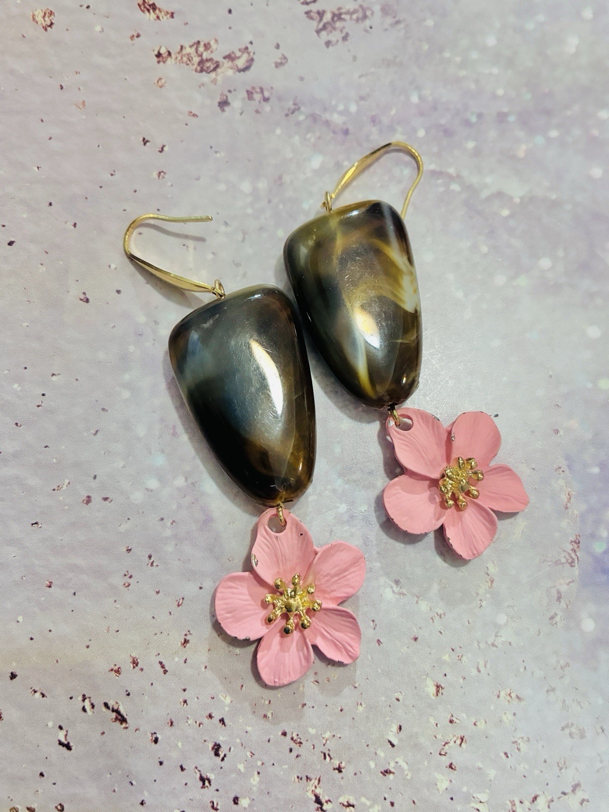 Marble Pink Flower Mid-Century, Modern Earrings, High Quality,