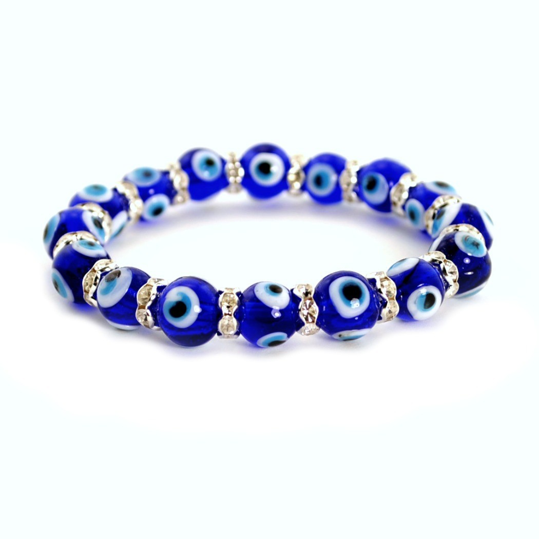 EVIL EYE BRACELET 8mm 10mm 12mm Glass Bead Blue Stretch Luck Protection Lampwork