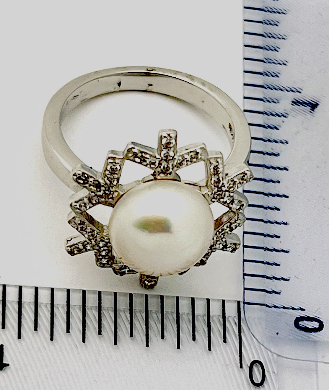 Sterling Silver 925 5.3 Gram Prong Set 42 CZ Genuine Pearl Ring Size 7 1/2