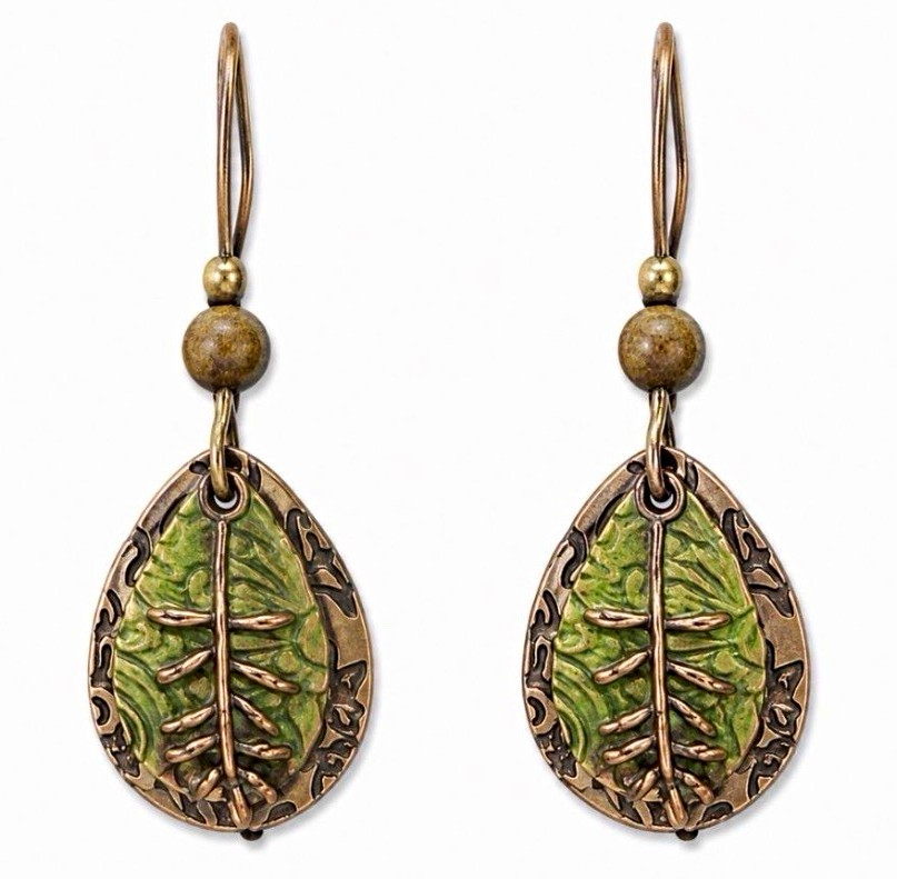 Green Leaf Teardrop Dangle Drop Hook Earrings Bronze Tone Metal Nature