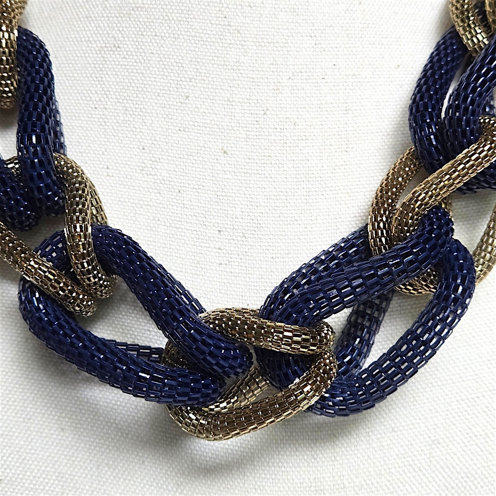 ALDO Blue Gold Metallic Mesh Chain Link Statement Necklace Chunky Collar 22.5″
