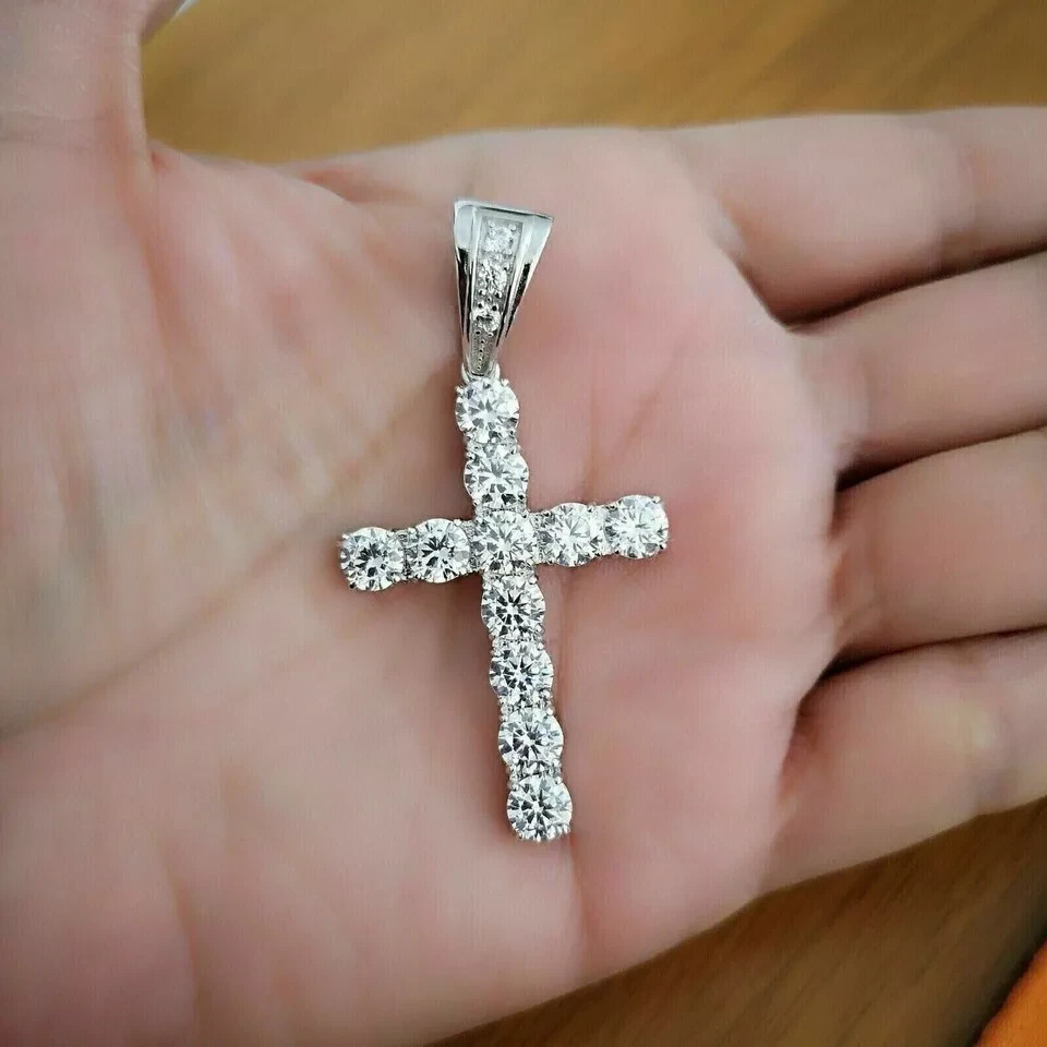 3Ct Lab-Created Diamond Round Cut Cross Pendant Necklace 14K White Gold Plated