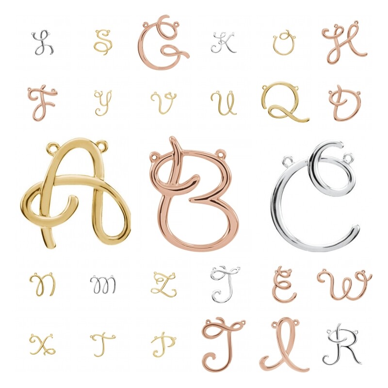 14K Gold or Silver Script Initial Necklace Center Pendant Chain Trim Letters A-Z