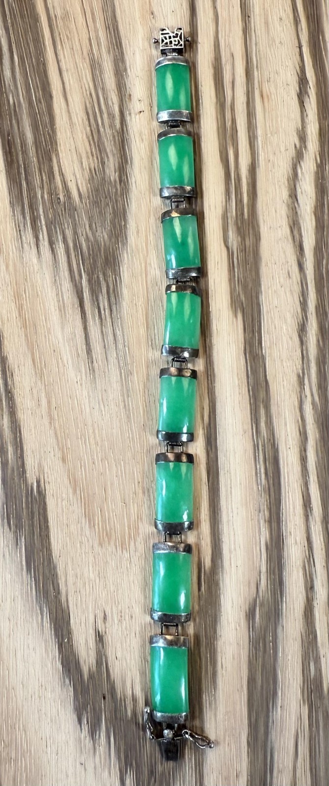 Sterling Silver 925 Jade Bangle Bracelet Green Ethnic Hook Womens 6.5 In 13.74g