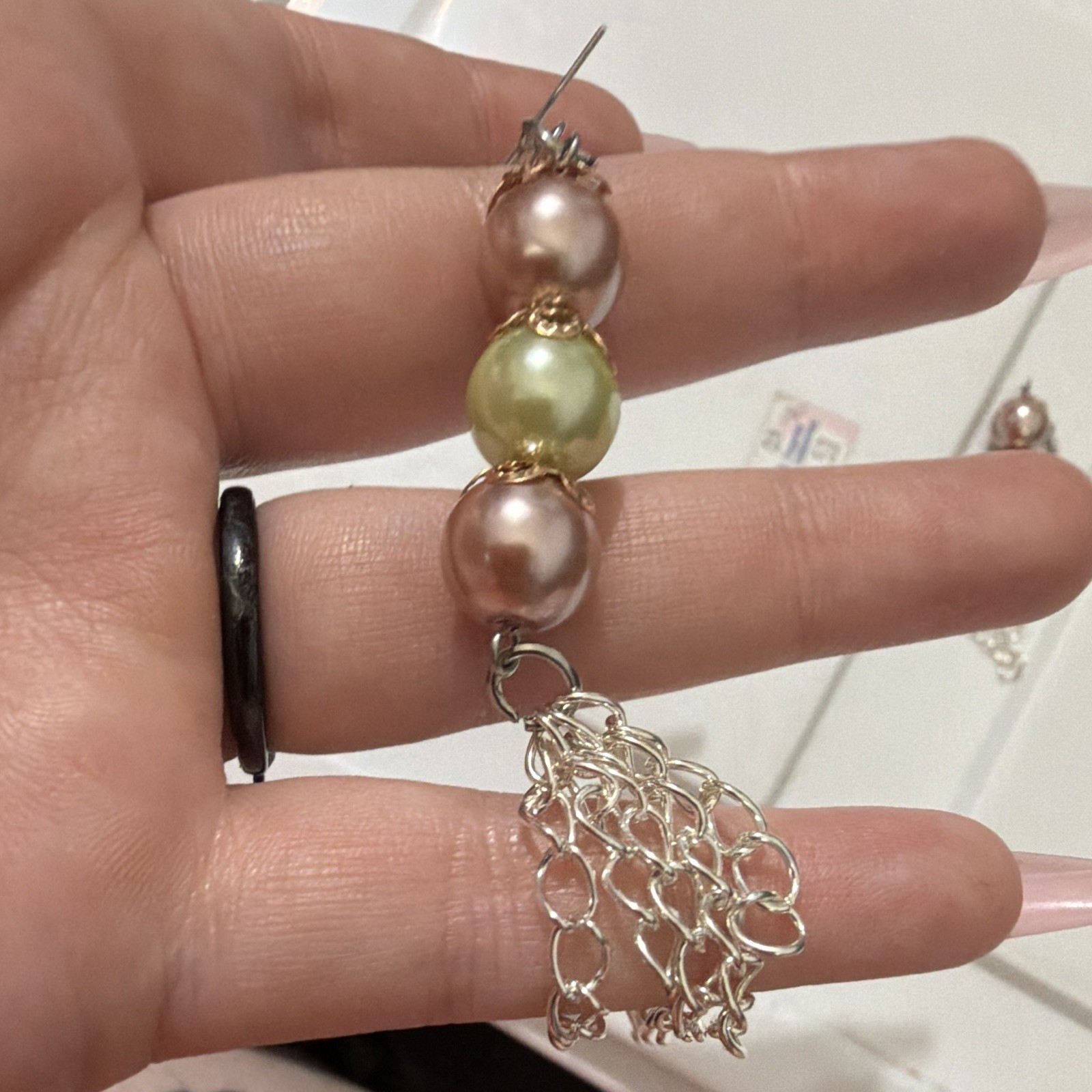 Silver Tone Dangle/Drop Hook Earrings Pink & Green Simulated Pearl Beads
