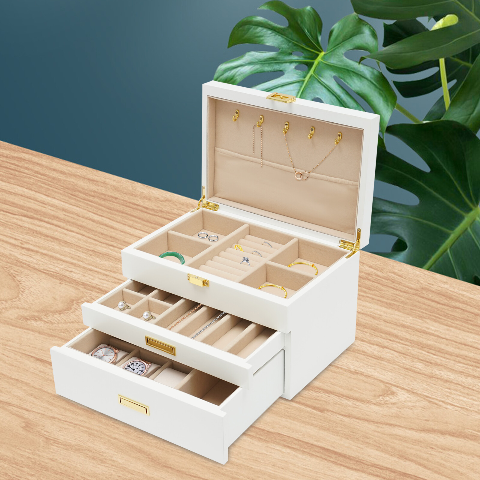 Jewelry Storage Box W/ Safe Lock 3 Layers Large Capacity Organizer with 2 Drawer