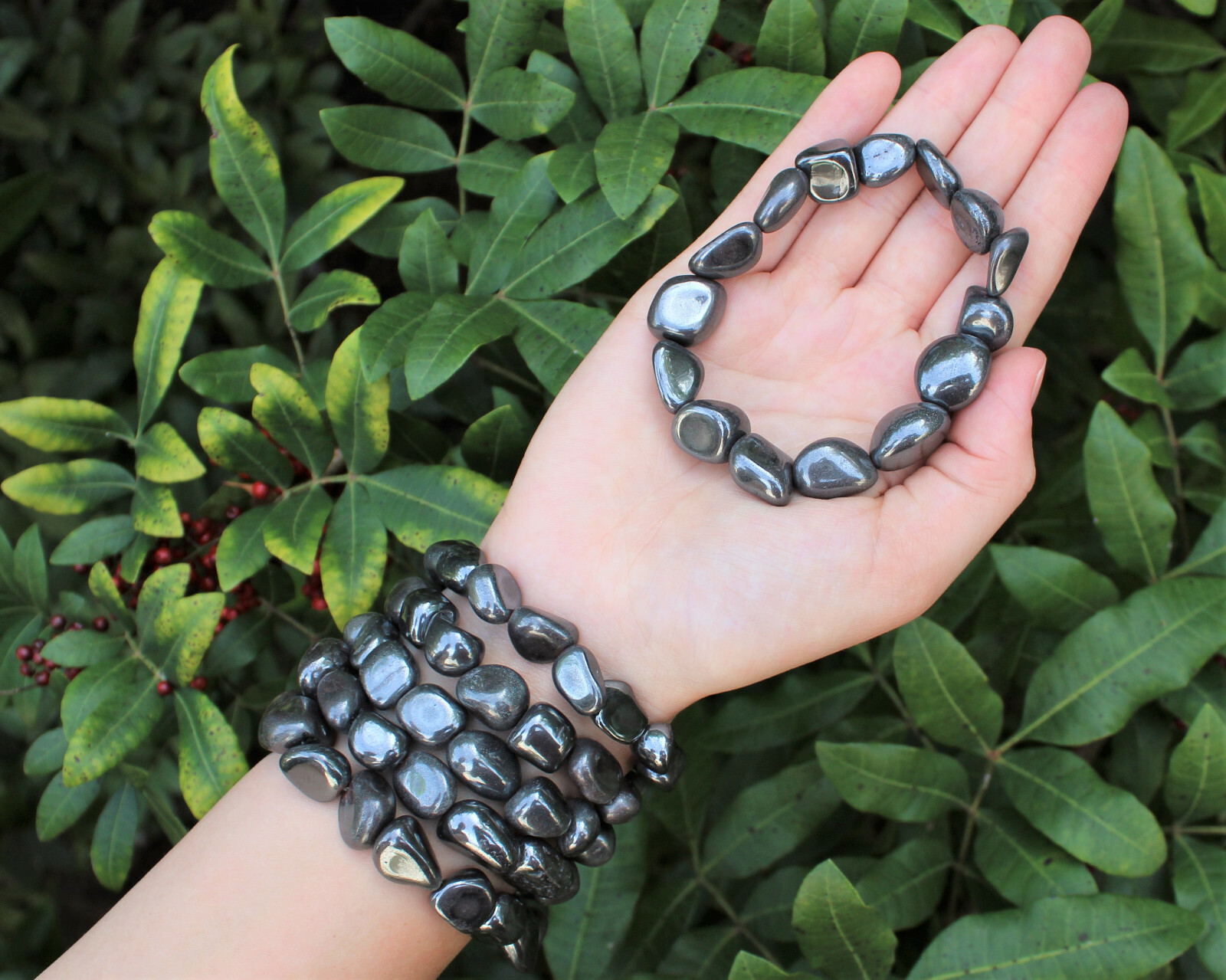 Hematite Tumbled Gemstone Bracelet 6-8 mm Nuggets (Stretch Bracelet, Gift)