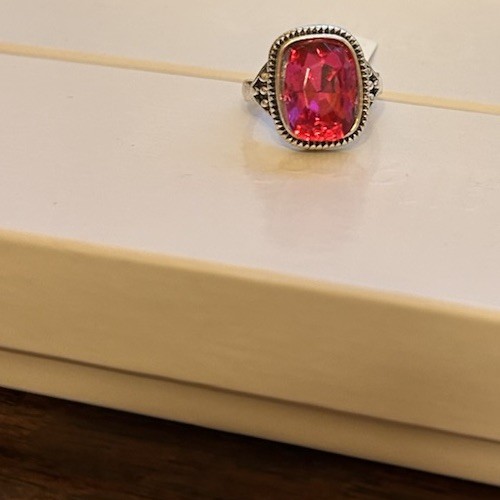 Size 7.5 Silver Tone And Ruby Red CZ Ring No Mark Solitaire Stone