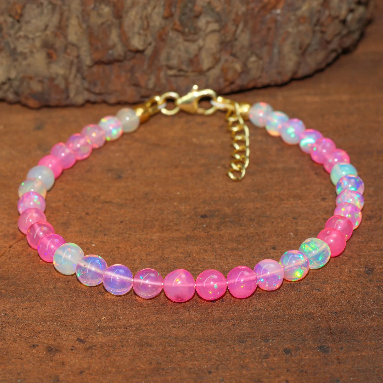 Genuine Pink Gemstone Round Beads Bracelet, Natural Fire Opal Beaded Bracelet