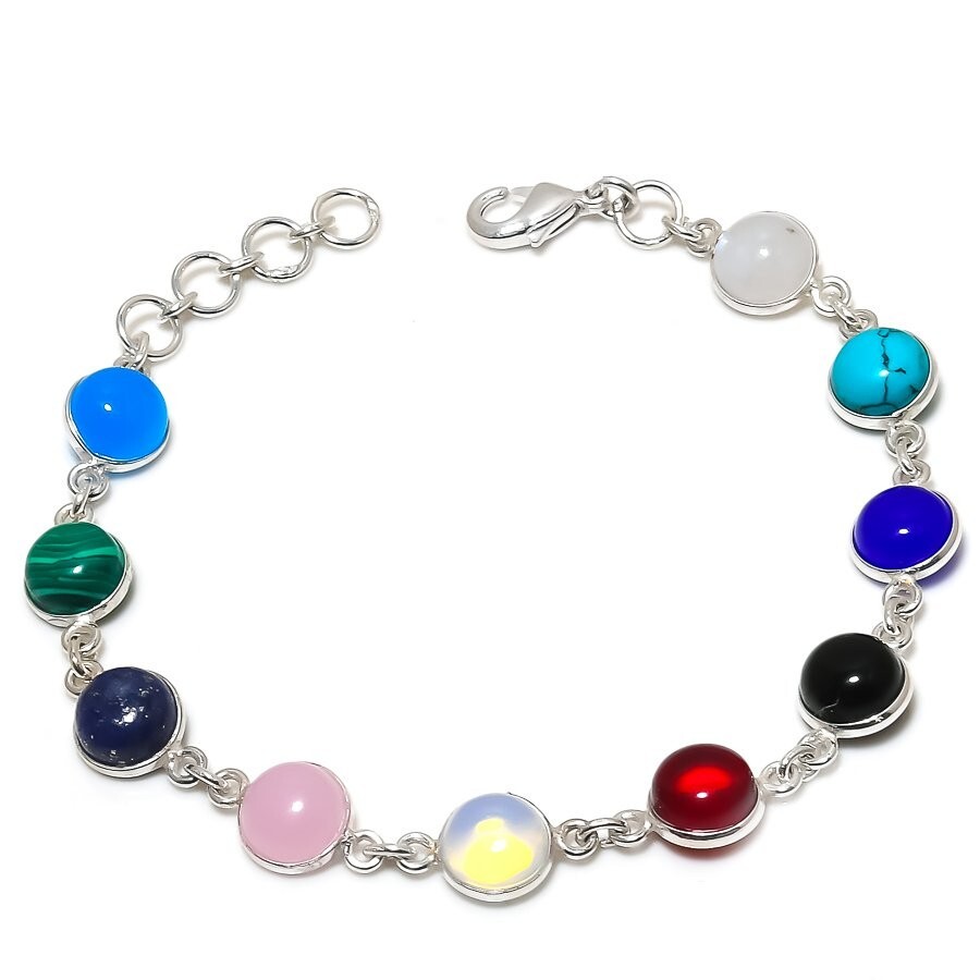 Multi Color Gemstone Handmade 925 Sterling Silver Jewelry Bracelet Sz 7-8″