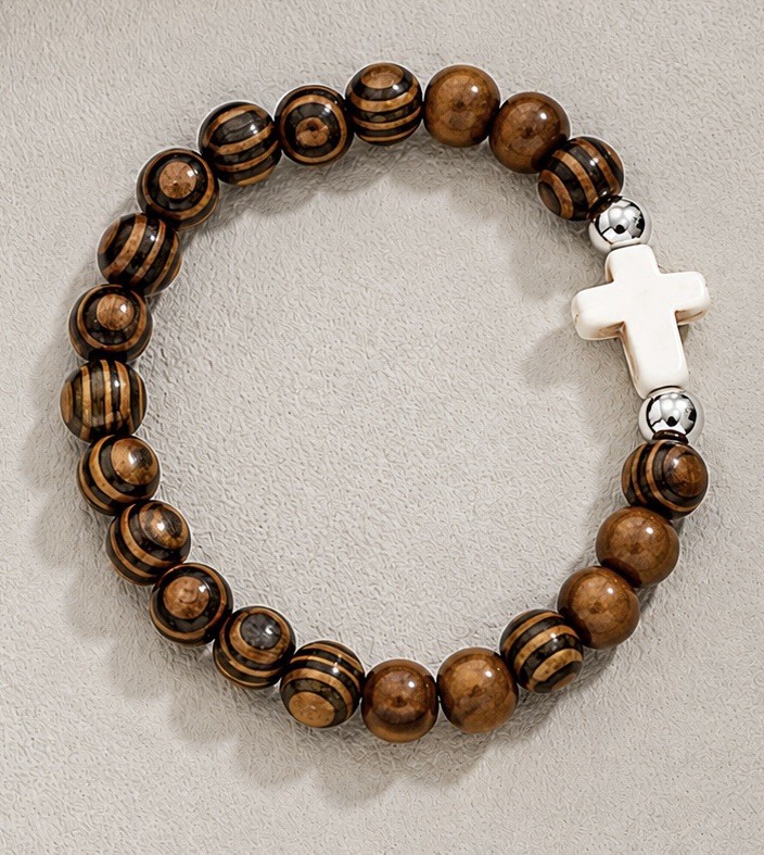 Men’s Woman’s Unisex Handmade Natural Wood Bead Cross Pendant Stretch Bracelet