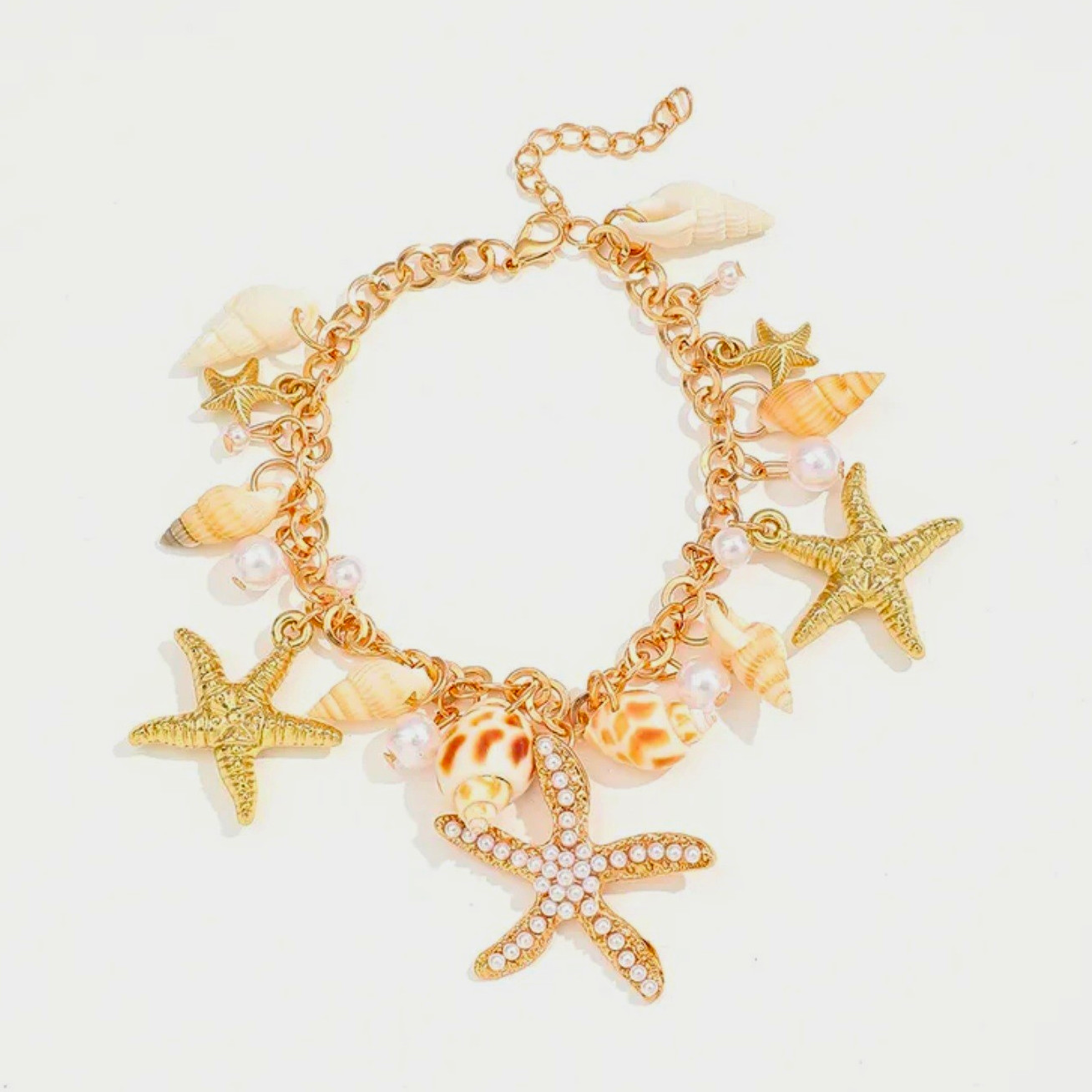 Gold Tone Adjustable Cable Chain Charm Bracelet w/ Starfish Shell & Faux Pearls