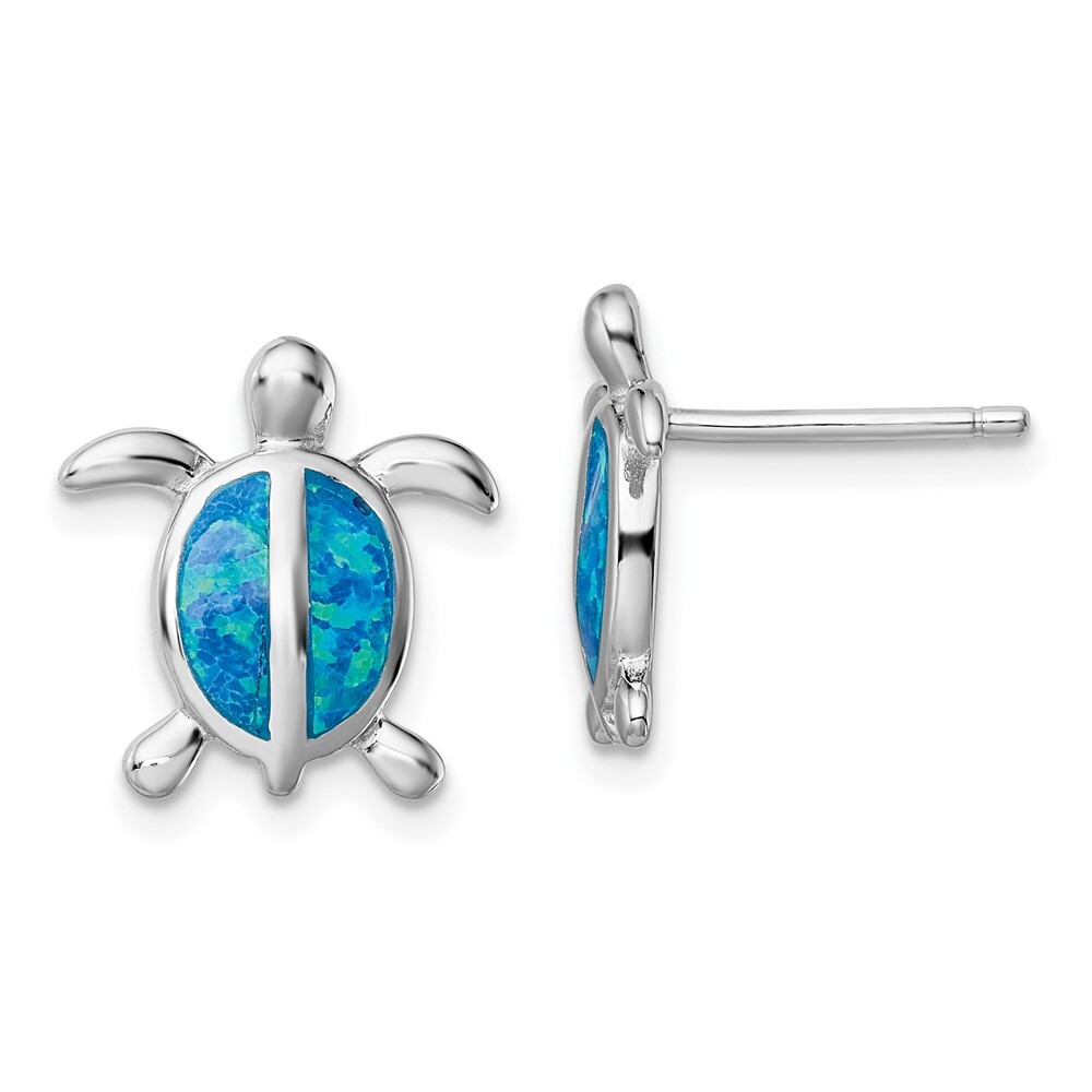 13.8mm Sterling Silver Rhodium-plated Blue Simulated Opal Turtle Post Earrings