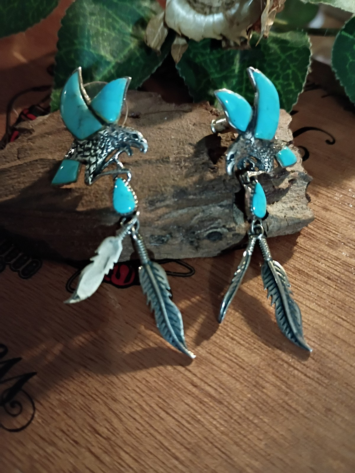 Turquoise Eagle Dangle Earrings with Feathers 925 Silver-Marked Philippines