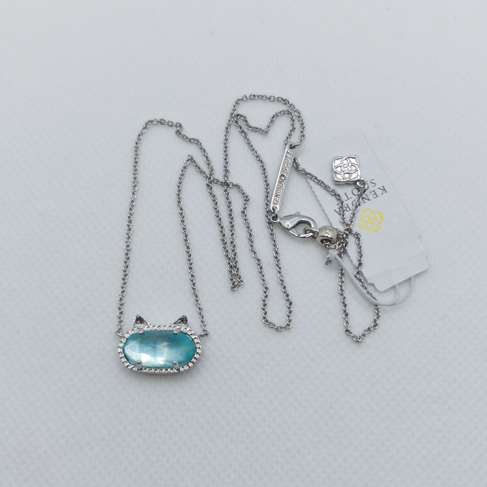 New Kendra Scott Elisa Silver Cat Kitty Pendant Necklace In Light Blue Illusion