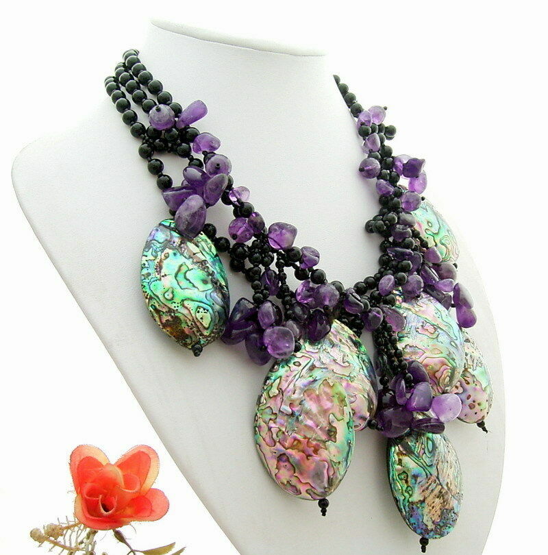3 Strands Onyx Amethyst Multi Color Abalone Shell Festoon Necklace for women