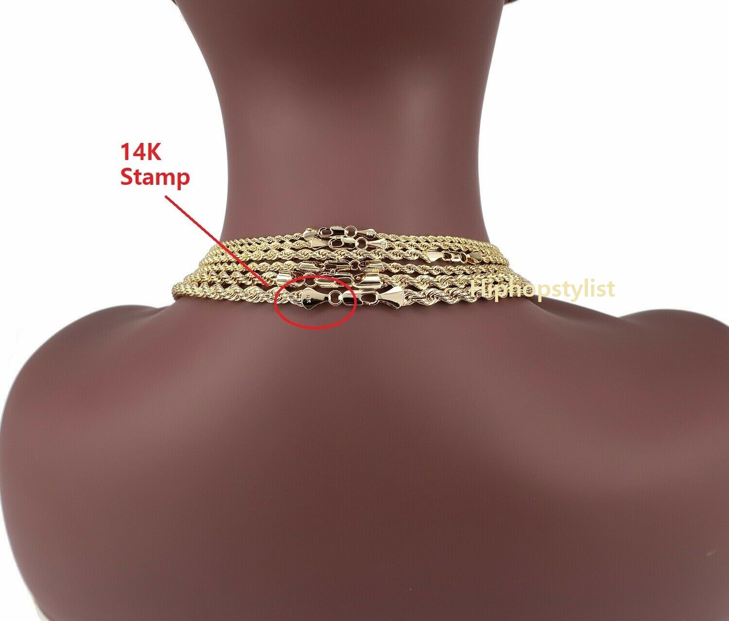 14k Yellow Rope Chain Necklace Bracelet 2mm 3mm 4mm 5mm 6mm Width Gold Plated