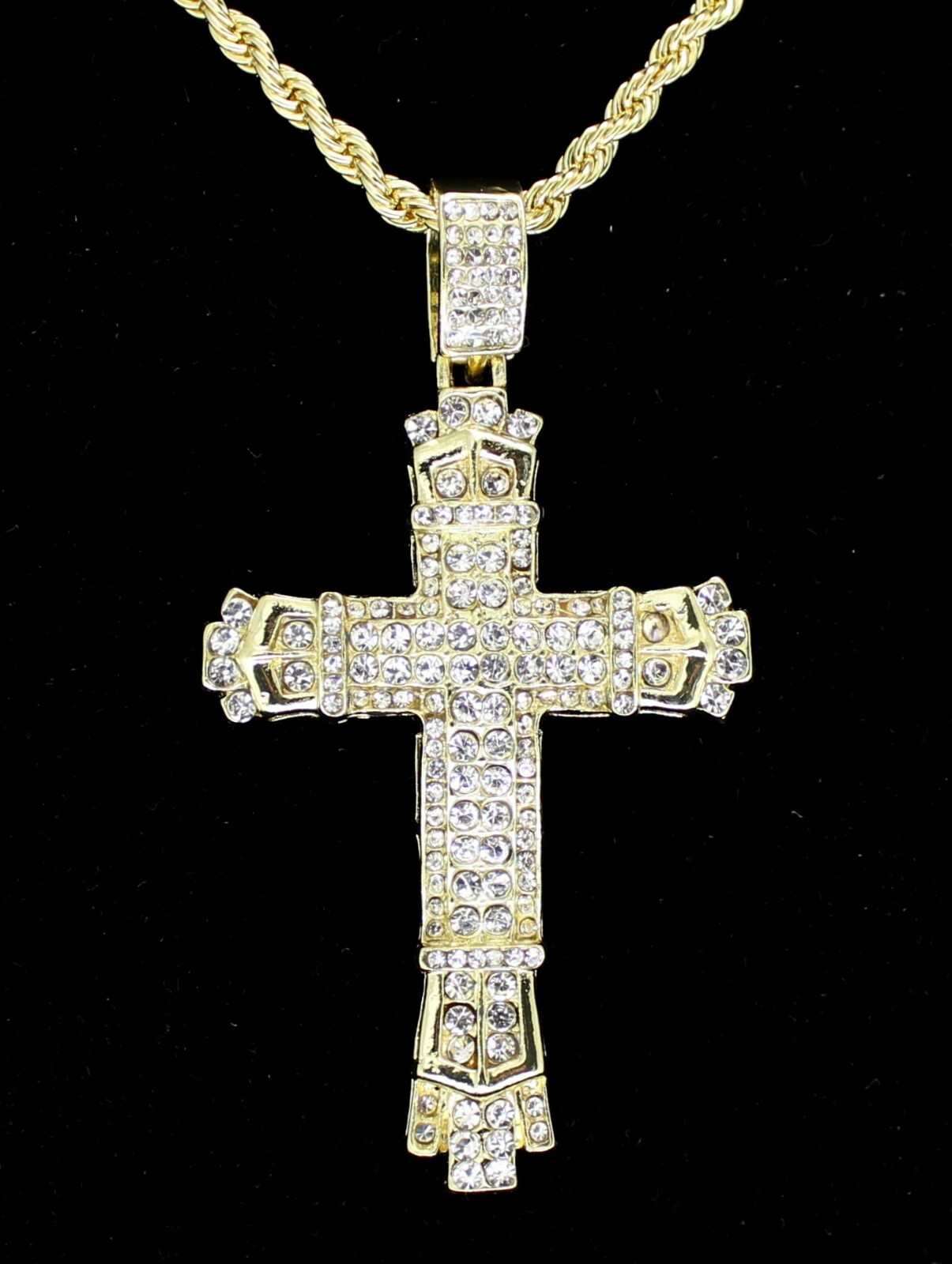 Mens Large Cross CZ Pendant 14k Gold Plated 24″ Rope Hip Hop Necklace
