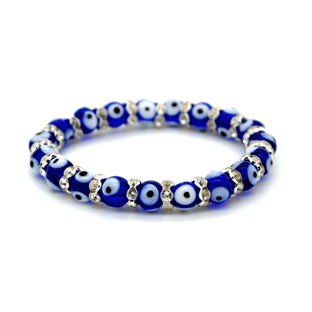 EVIL EYE BRACELET 8mm 10mm 12mm Glass Bead Blue Stretch Luck Protection Lampwork