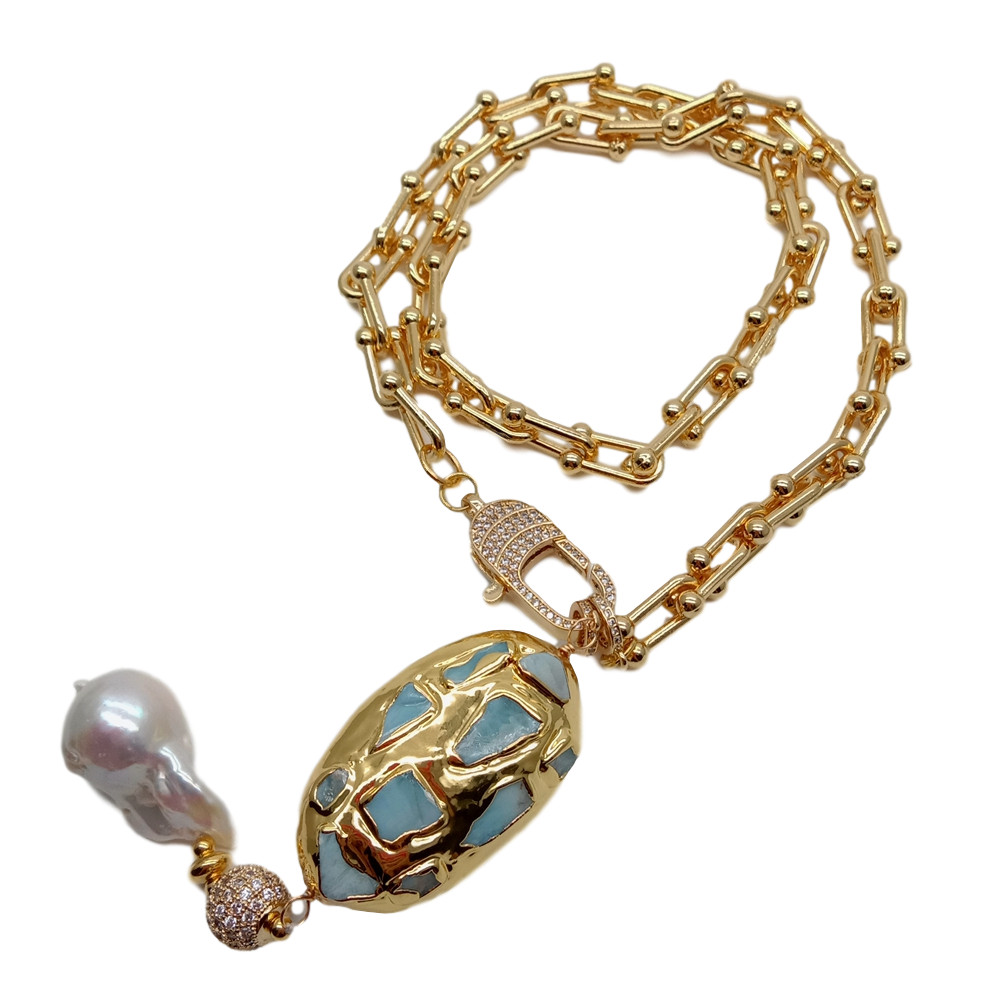 20″ Gold Plated Chain Necklace Blue Larimar Freshwater White Keshi Pearl Pendant