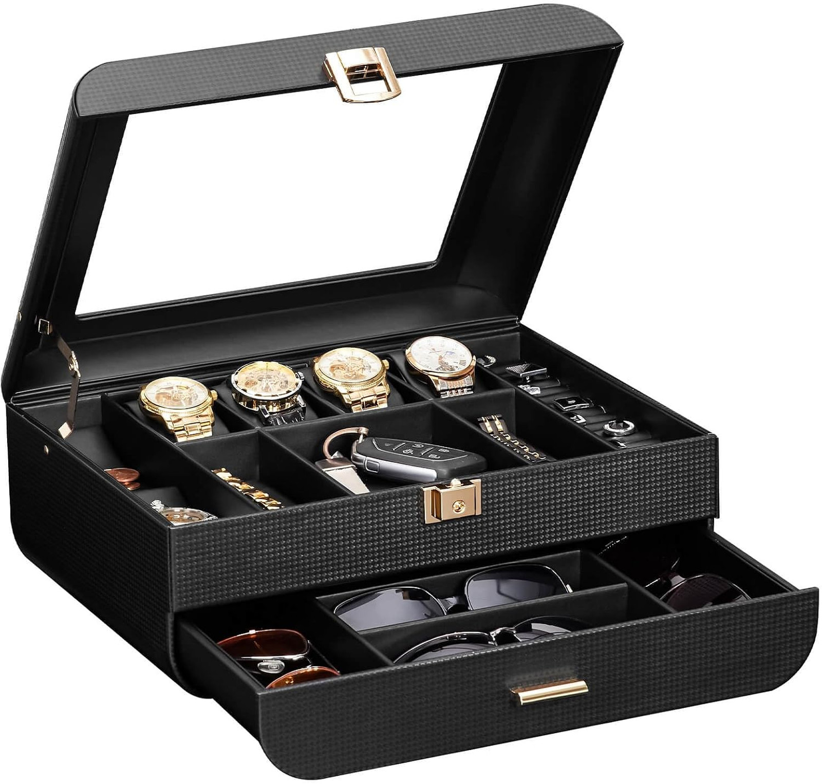 Lockable Men’s Watch Box with Glass Lid and Removable Pillows Large Organizer