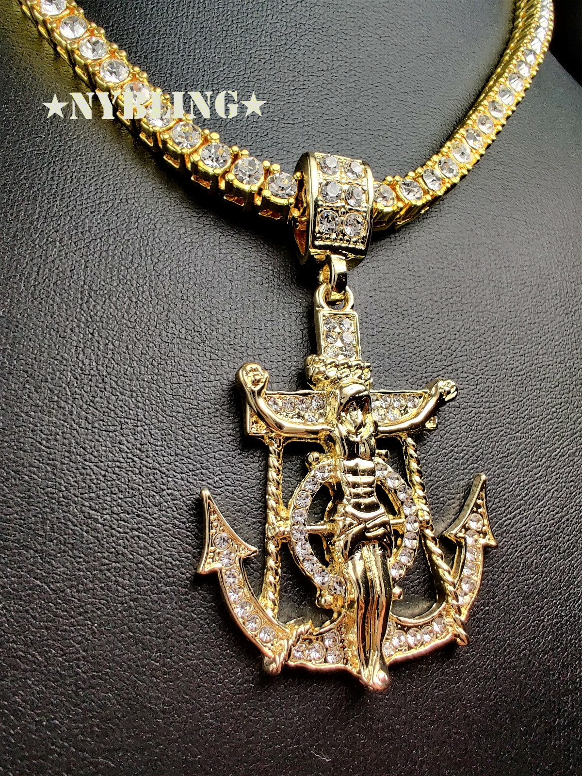 ICED Jesus Anchor Pendant w/ Rope or Tennis Chain Necklace Plated CZ Jewelry