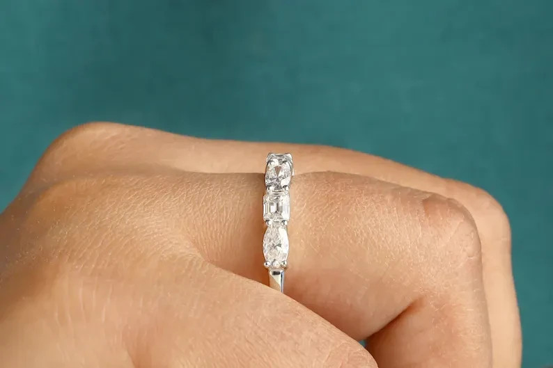 5.00Ct Oval & Emerald Cut Natural Diamond 950 Platinum Half Eternity Band Ring