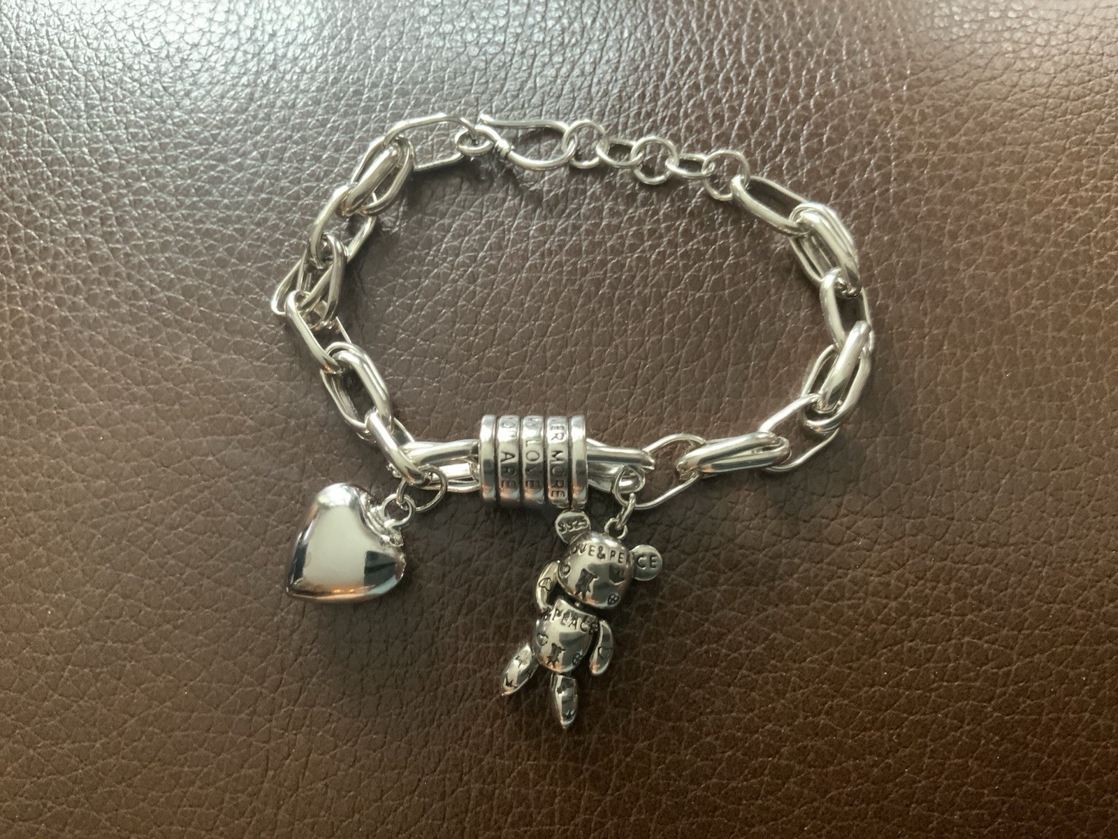 Silver Teddy Bear Heart Charm Bracelet Y2K Tous STYLE Boho Chain Love Peace VTG