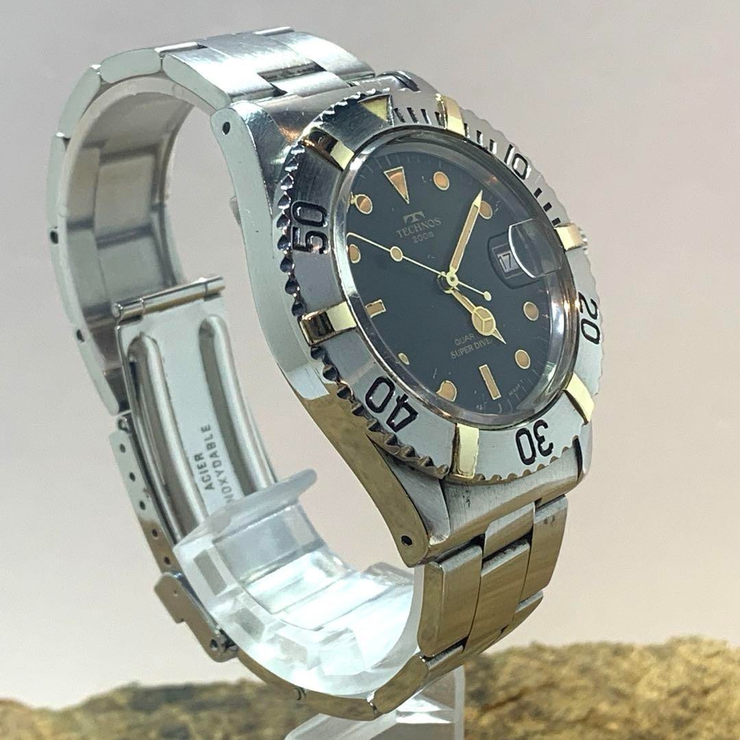 TECHNOS Quartz SUPER DIVER 200m Black Dial Water Resistant 20ATM Used Watch