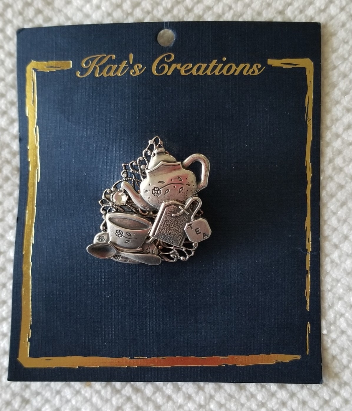 New ~ Kat’s Creations Sliver Plate & Rhinestone Tea Set Pin Brooch