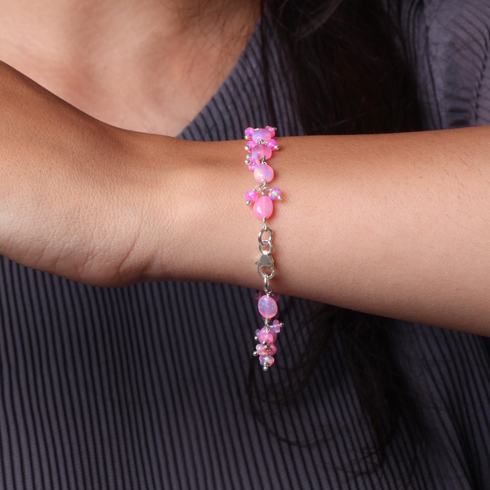 Genuine Pink Opal Gemstone Tumble Beads Bracelet, Natural Fire Opal Bracelet