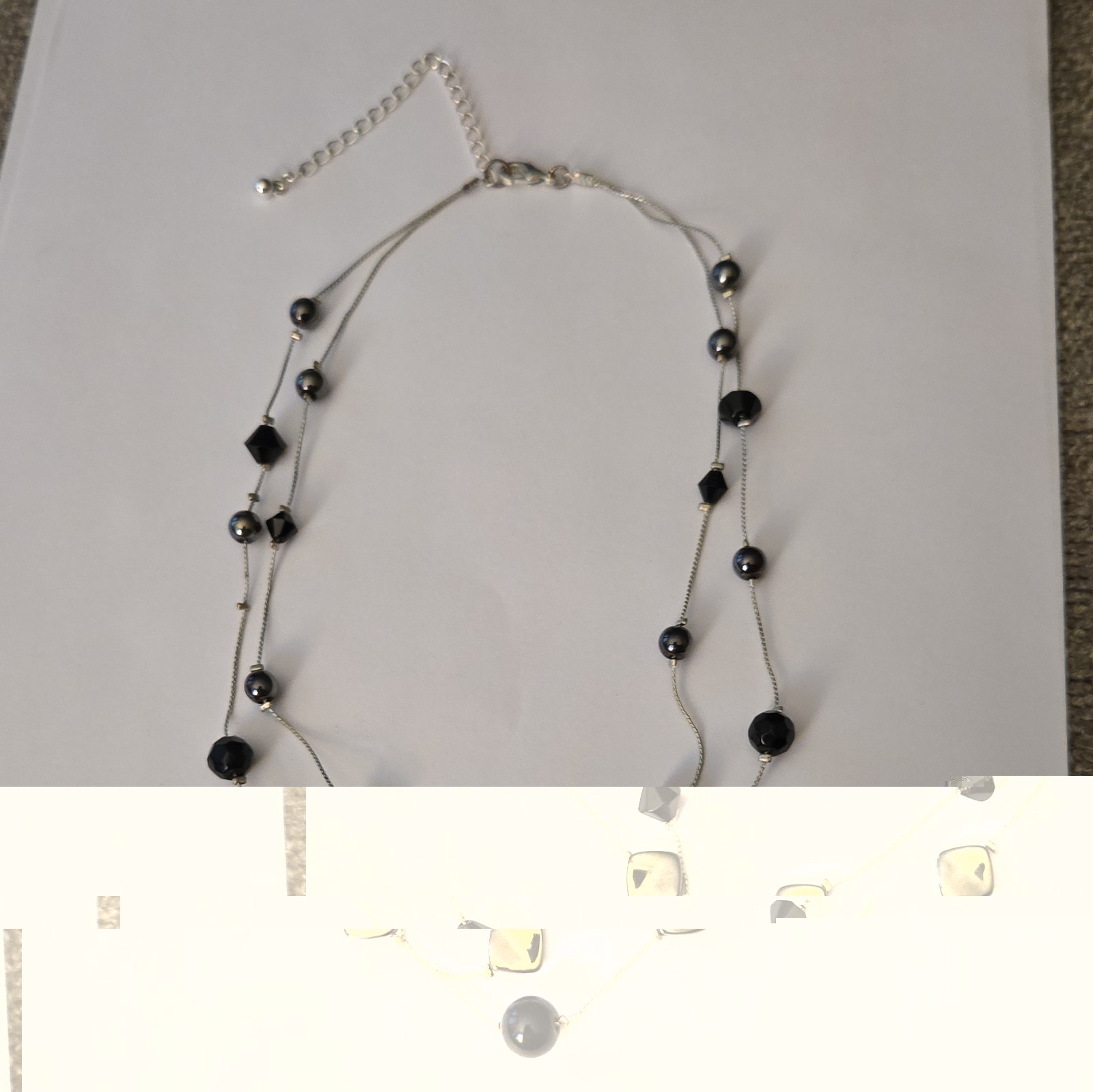 Black Round Glass Bead Necklace, Silver Cable Chain, Adjustable-16 inch