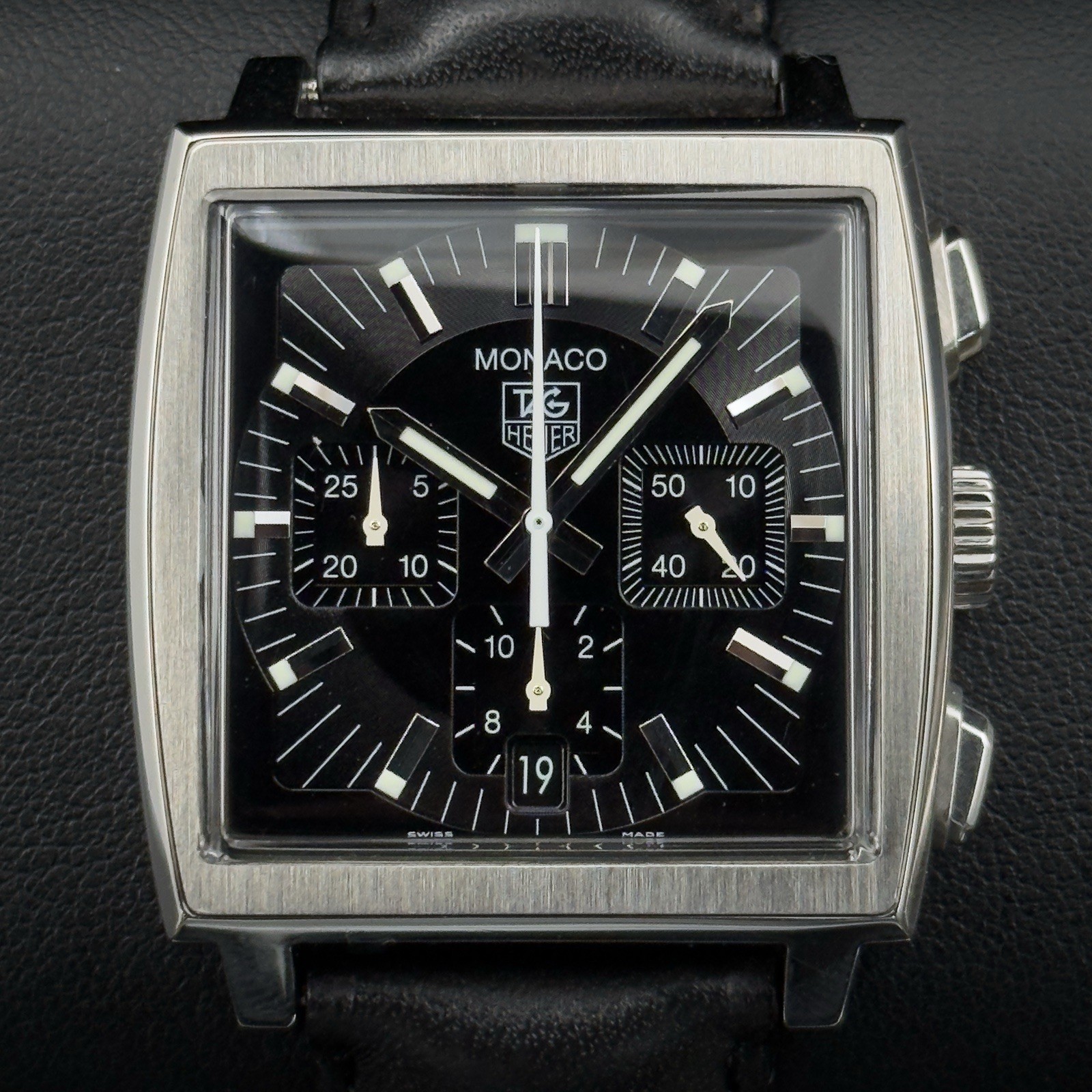 Tag Heuer MONACO Black Dial Chronograph CW2111 Stainless Steel Leather Strap