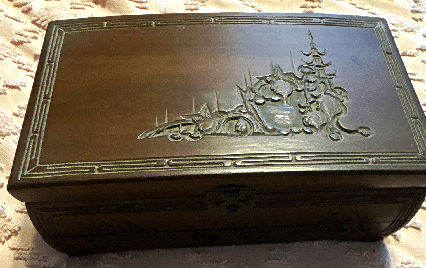 Wood Jewelry Box, Brown Rectangle w/ Mirror, Drawers, Red Velvet Lined