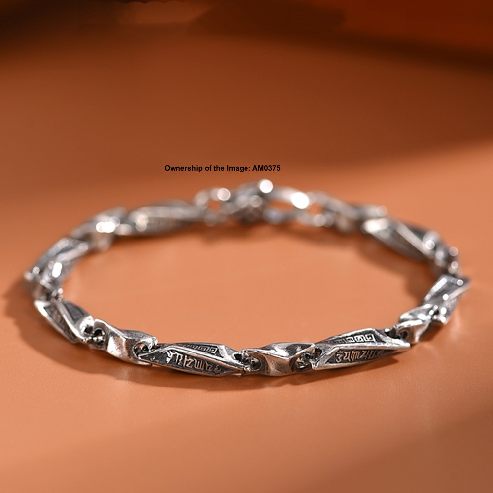 Pure 925 Sterling Silver Bracelet Engraved Six-Word Mantra Twisted Tube Design