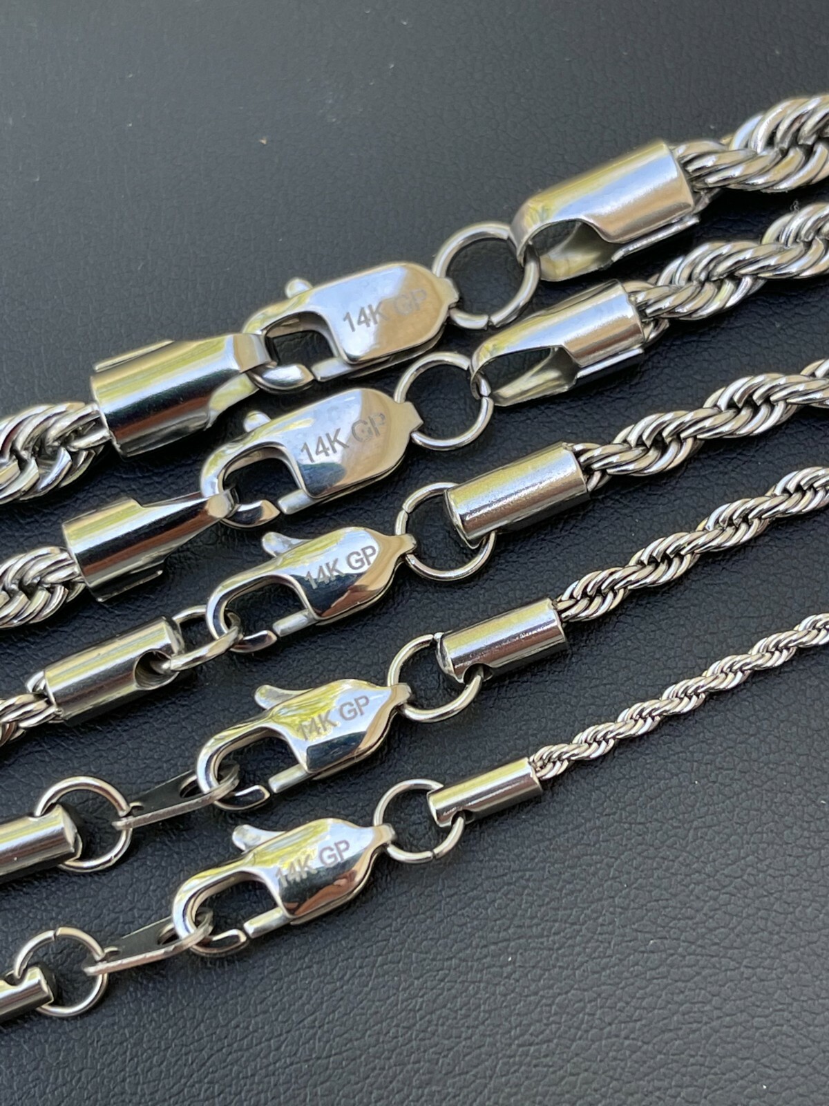 Men’s Real Solid Rope Chain Necklace Stainless Steel – Rhodium – 2mm-6mm 18-30″