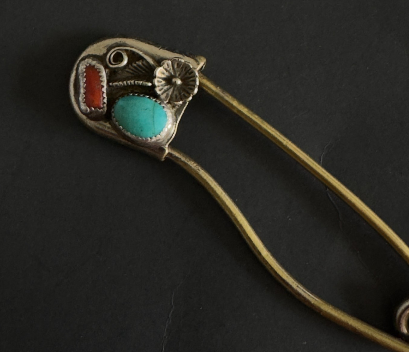 Vintage Risdon Safety Pin Brooch Turquoise Coral Keychain Native American