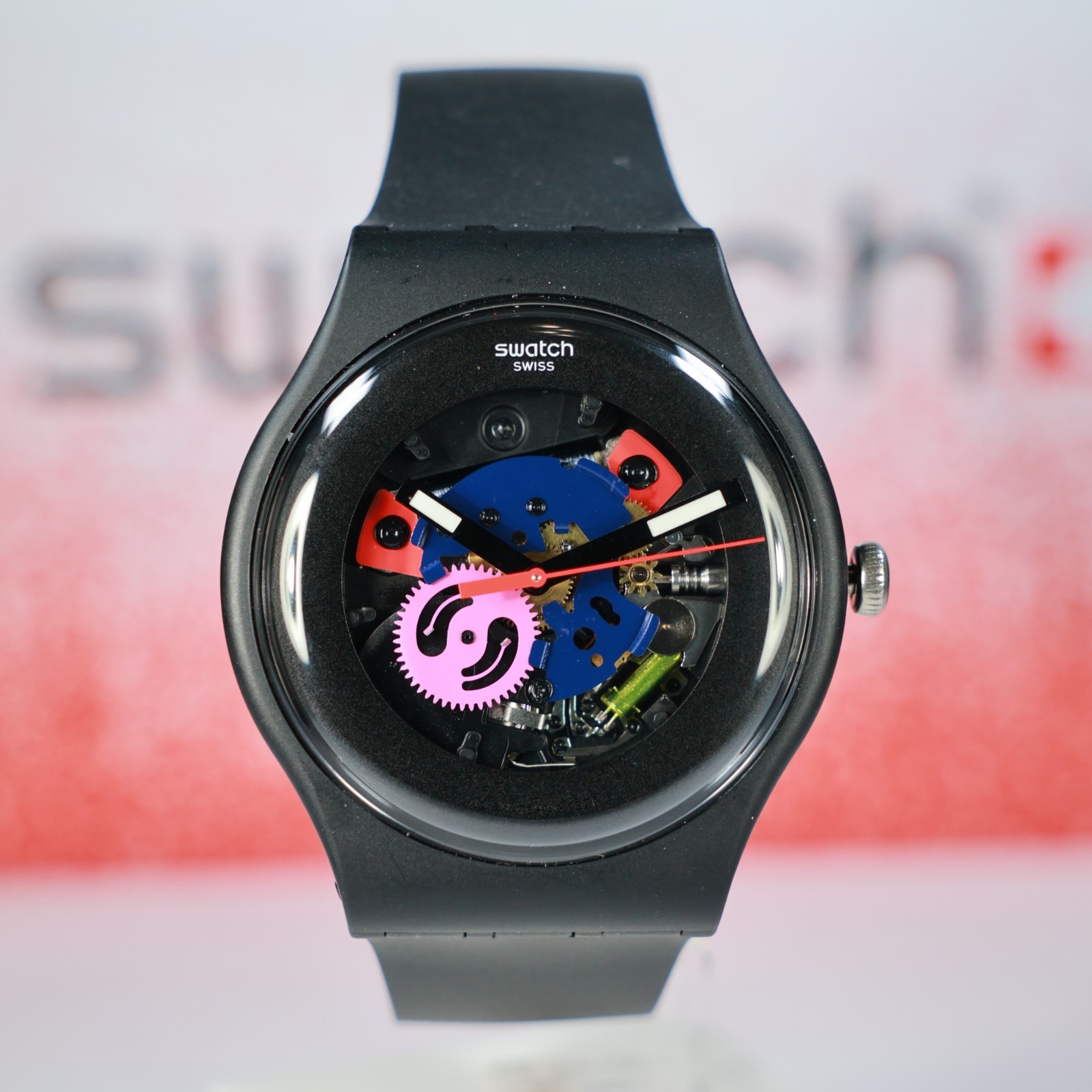 NEW Limited Swiss Made Swatch Black Lacquered SO29B107 Glowing Hands Colors 41MM