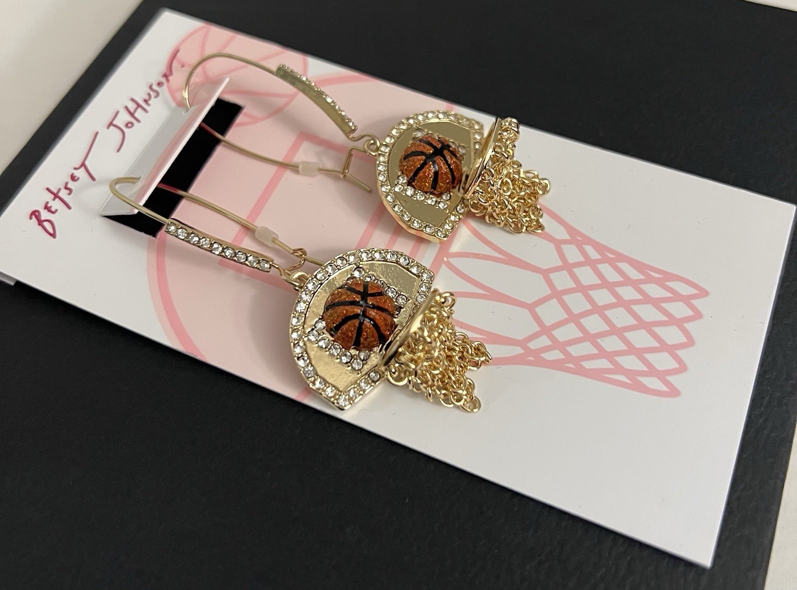 Betsey Johnson Earrings Nothing But Net Basketballs Gold Tone Chains Hooks NWT
